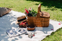 在草帽附近的白毯子上放着玫瑰和葡萄酒的柳条篮，在阳光明媚的日子里，在餐巾纸上餐具和浆果