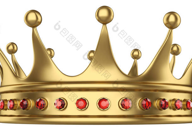 闪亮的金色皇冠装饰着宝石, 在白色背景下被隔绝。前视图。3d 渲染.