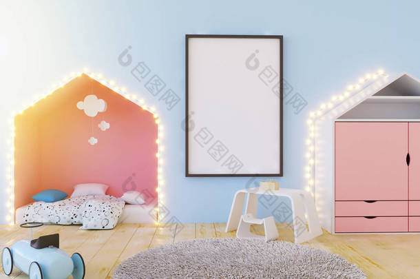 模拟海报儿童的彩色房间, 与灯泡。3d 插图