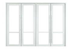 正面双层玻璃门，白色底座隔离，外墙设计用清空的开窗框，现代商店室内装饰