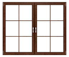 白色背景下的棕色木窗。3d 制作