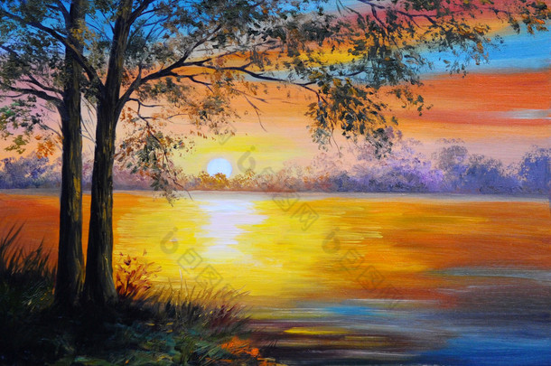 油画风景-湖附近的树