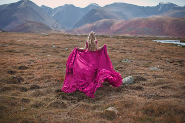 童话故事一个穿着粉色长裙、坐火车的女孩走在高山的后面.