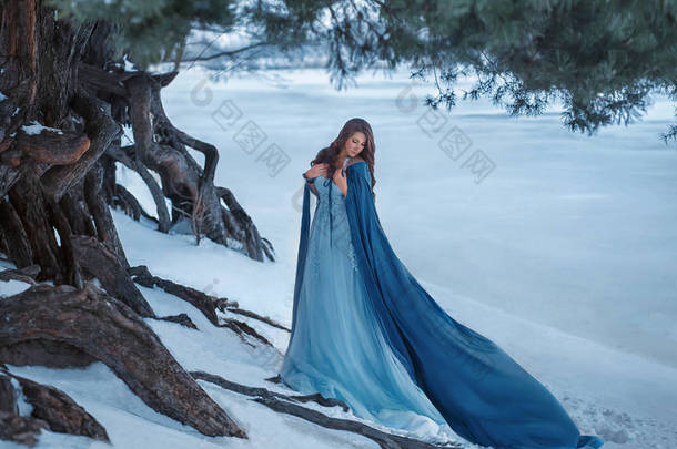一个神秘的流浪汉在豪华的礼服和蓝色斗篷, 在风中飘扬。在森林附近的一条结冰的河的背景, 老的有痘的松树, 雪。不真实的冬天风景.