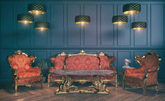 古式维多利亚式客厅的3D渲染，带有沙发、扶手椅、侧桌和绿色植物- -古典风格的豪华客厅- -复古风格