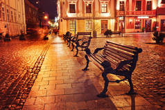 晚上街道与长凳和灯笼.
