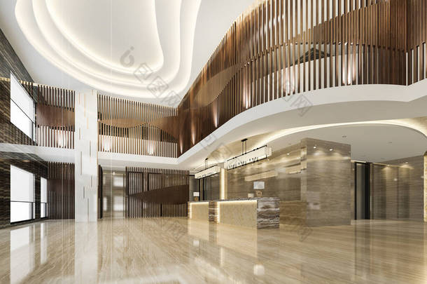 3D展示豪华酒店大堂入口及设有楼梯的大堂餐厅