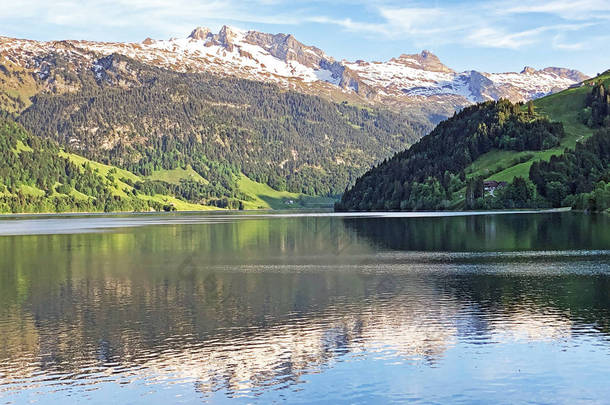 混合森林和雪域高山山峰在瓦吉塔尔或瓦吉塔尔山谷和人工山湖瓦吉塔勒塞（瓦吉塔勒湖），内塔尔 - 瑞士施维茨州