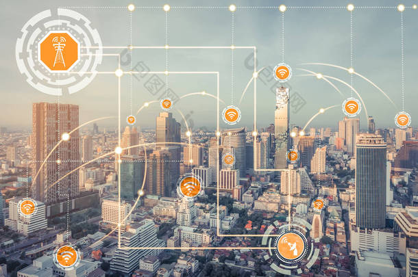 智能城市无线通信网络, 具有图形显示物联网和信息通信技术 (Ict) 在背景下对现代城市建筑的概念.