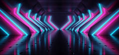 黑暗现代未来主义外星反射混凝土走廊隧道空房间与紫色和蓝色霓虹灯发光背景3d 渲染插图