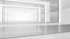 带灯光的空走廊。未来的白色空间室内设计。3d说明