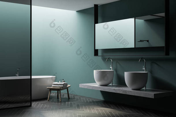 宽敞的浴室角落，绿墙，深色木地板，舒适的白色浴缸，玻璃墙淋浴间和巨大的<strong>双层</strong>水池。带毛巾的椅子3d渲染