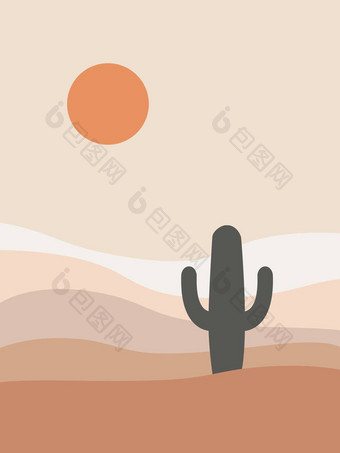 用阳光、沙丘和仙人掌装饰粉红背景的墨西哥沙漠景观图解图片