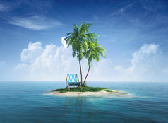 沙漠热带岛屿与棕榈树、 躺椅.