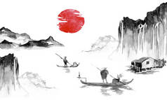 日本传统的染发漆。印第安墨水例证。日本图片。人, 船, 山