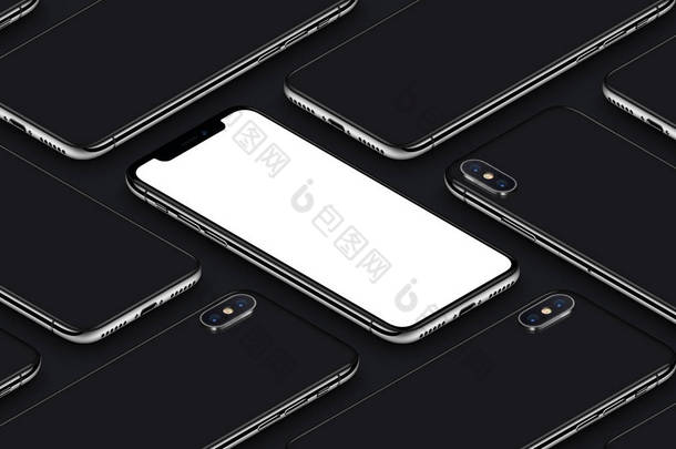 类似于 iphone X 透视等轴测智能手机模型模式正面和背面<strong>黑色海报</strong>