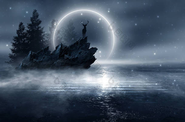 具有抽象森林景观的未来主义夜景. 黑暗的自然森林场景,月光倒映在水面上,霓虹蓝光. 黑暗的霓虹灯背景，黑暗的森林，鹿岛.