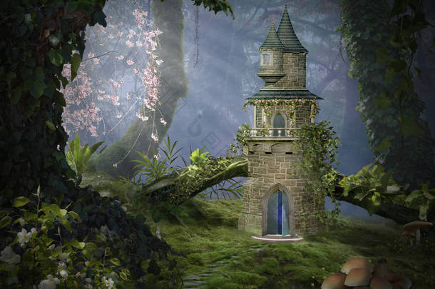 梦幻城堡在森林里。Photomanipulation。3d 渲染