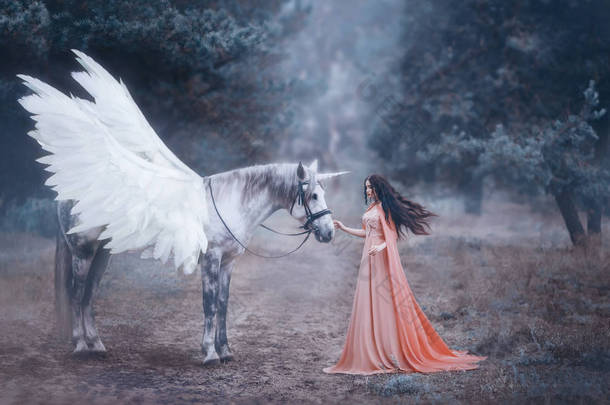 美丽的, 年轻的精灵, 与一只独角兽漫步在森林里, 她穿着一件长橙色的连衣裙, 披着斗篷。羽毛在风中飘得很美。艺术摄影