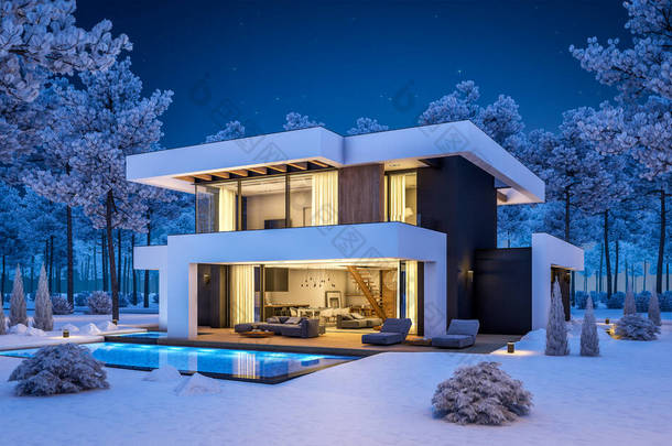 三维渲染现代舒适的房子，带有游泳池和停车场出售或租赁的豪华风格和美丽的背景景观。<strong>寒冷</strong>的<strong>冬夜</strong>，天上有星星.