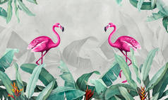 壁纸热带地区壁画。房间的照片壁纸。粉红火烈鸟火烈鸟在树叶的背景上热带叶，热带植物，火烈鸟。手绘热带叶.