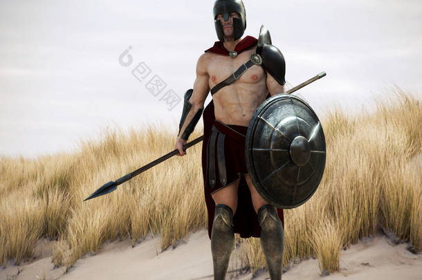 <strong>斯巴达人</strong>一个战斗的肖像硬化希腊<strong>斯巴达</strong>女战士装备了一把剑和长矛准备战斗。3d 渲染.