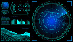 军用绿色雷达线框景观 。带有目标的屏幕。未来派Hud界面。库存插图。发光球体