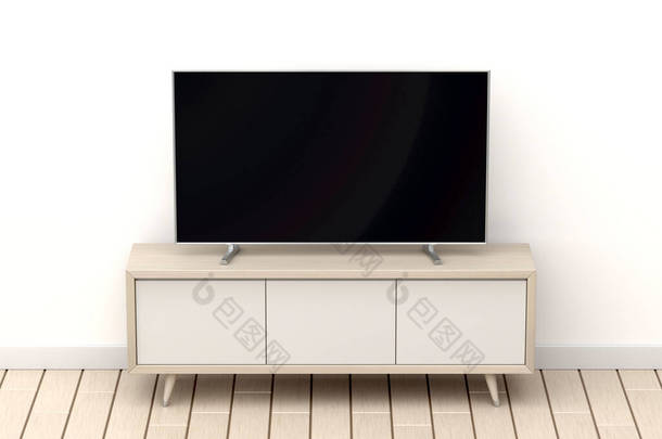木制电视机机柜和大屏幕电视机前视图