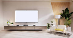 电视橱柜，木地板扶手椅，白色和木制墙体设计，简约的室内生活