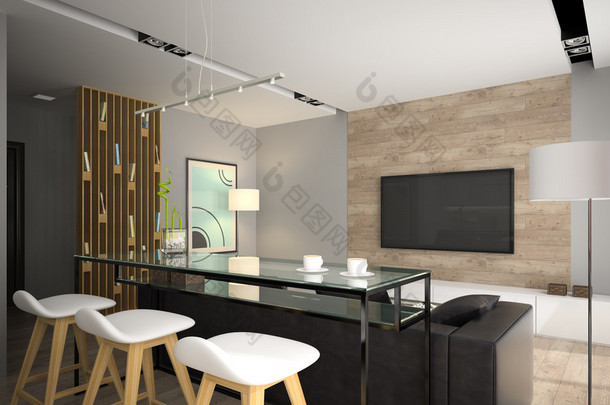 现代室内与玻璃酒吧表 3d 渲染
