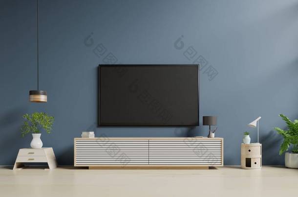 现代客厅橱柜上的电视机，背景是深蓝色的墙，3D渲染