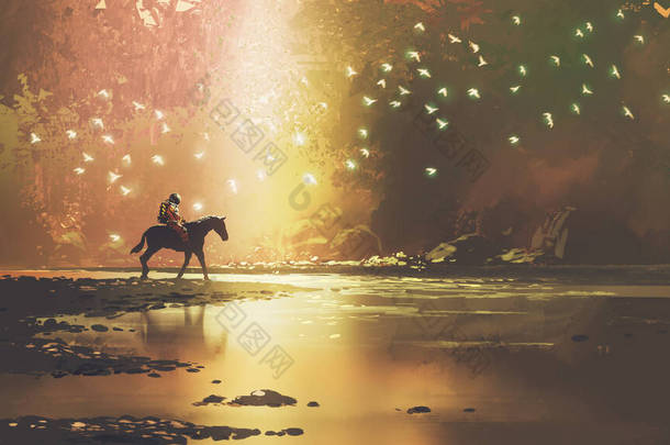 astronaut on horse traveling to a magical land, digital art style, illustration painting