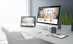 3D渲染桌面，所有设备显示ux设计网站。所有的屏幕图形都是由.