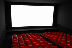电影院礼堂, 空白屏幕和红色座椅。3d 渲染插图.