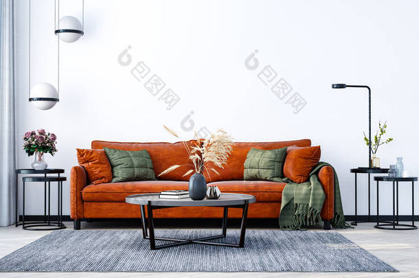 <strong>室内</strong>居室的现代<strong>室内</strong>设计、家居、办公室、明亮的橙色沙发、鲜花和白墙背景下的现代<strong>室内</strong>装饰.