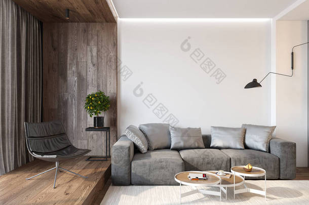 现代客厅内部有空白的墙壁, 沙发, 躺椅, 桌子, 木墙和地板, 植物, 地毯, 隐藏的照明。3d 渲染插图模型.