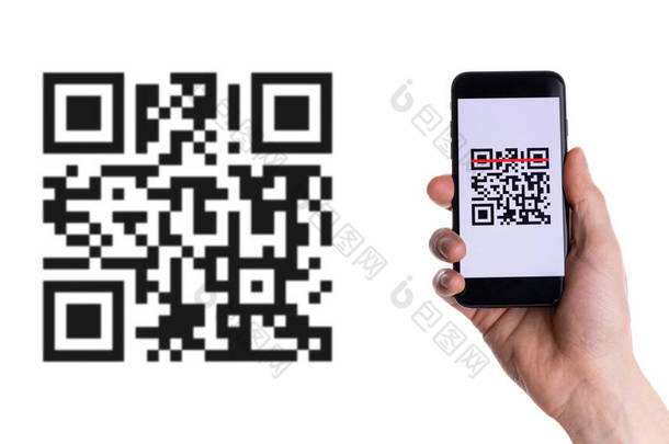 Qr代码扫描。手持智能手机屏幕支付，在线支付，扫描条形码与qr代码扫描仪在数字智能手机上。网上购物、无现金社会技术概念