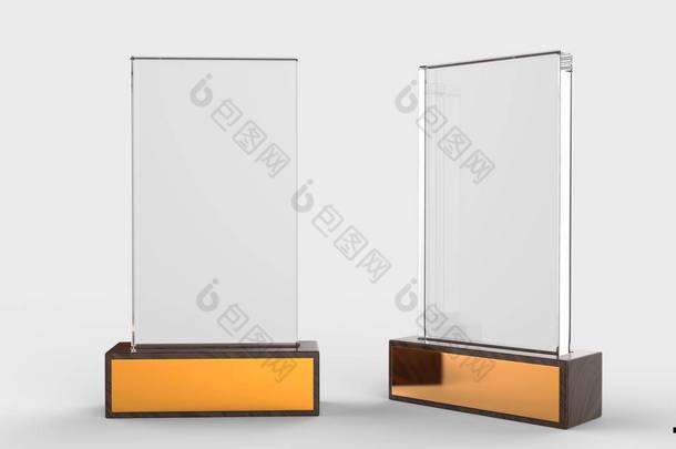 空白玻璃奖杯造型立在木制底座上，3D渲染插图.