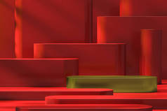 金步贴在红色牛排的中间.产品演示的最小模拟金平台和红色背景步骤，3D渲染