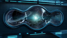 黑色技术宇宙飞船圆形窗口内部与看法在遥远的行星系统3d 渲染元素的这张图片由 Nasa 装备