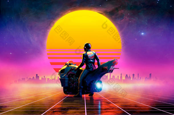 日落的概念艺术- -三维渲染- -虚拟景观下的未来摩托车上的<strong>逆行</strong>自行车手