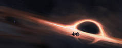 在黑洞轨道上航行的宇宙飞船，3D图解