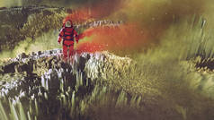 超现实主义的 sci-fi 观在星球表面行走的红色宇航员, 数字艺术风格, 插图绘画
