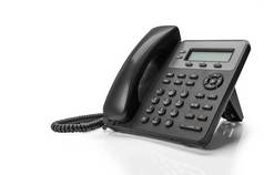 黑电话，声音IP隔离在白色背景。客户服务支持、呼叫中心概念.