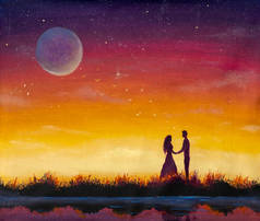 爱情伴侣的轮廓。恋人们在橙色的日落黎明时分,在美丽的风景上相遇.满月在星空中.情人节。快乐的情人。卡片或海报。库存手工绘画插图