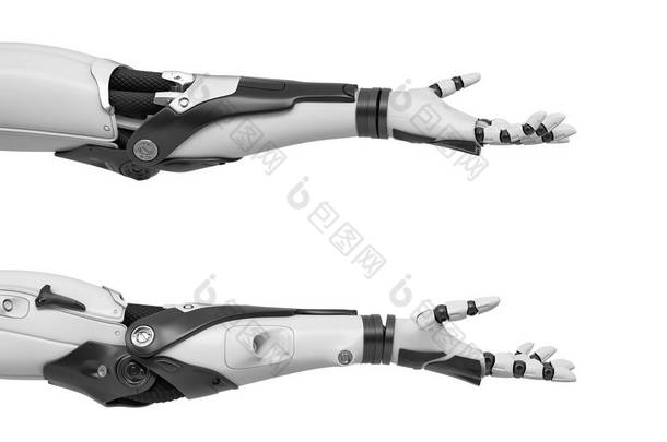 3d 显示两个黑白机器人<strong>手</strong>臂水平与开放<strong>手</strong>掌的友好姿态呈现.
