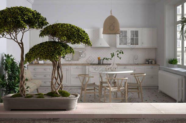 老式木制台架，有鹅卵石和盆景盆景，绿色花朵，复古的白色厨房与餐桌，简约的室内设计，禅意清净的建筑理念