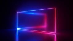 3d 渲染, 霓虹灯, 抽象紫外线背景, 激光显示, 矩形空白框架, 虚拟现实屏幕, 发光线条, 地板反射, 充满活力的颜色