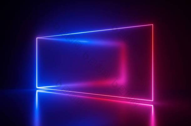 3d 渲染, 霓虹灯, 抽象紫外线背景, <strong>激光显示</strong>, 矩形空白框架, 虚拟现实屏幕, 发光线条, 地板反射, 充满活力的颜色