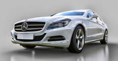 白色梅塞德斯-奔驰 Cls 轿跑车在灰色背景。3d 渲染